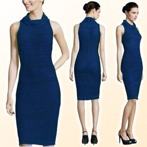ADRIANNA PAPELL Sleeveless Cowl Neck Knit Lace Sheath Dress Sz 14 Blue